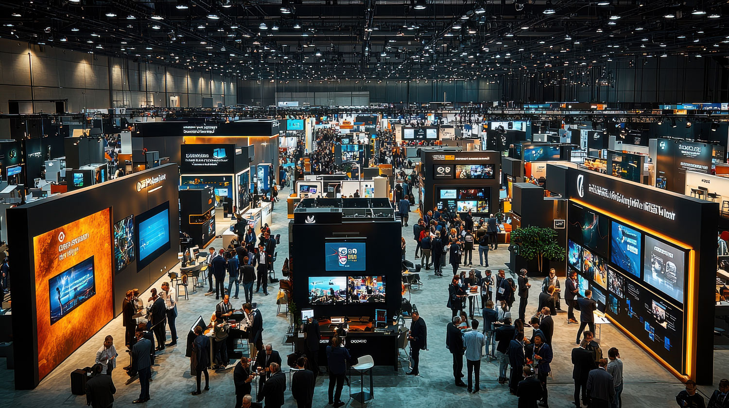 Stand fiera con hostess, clienti e gadget
