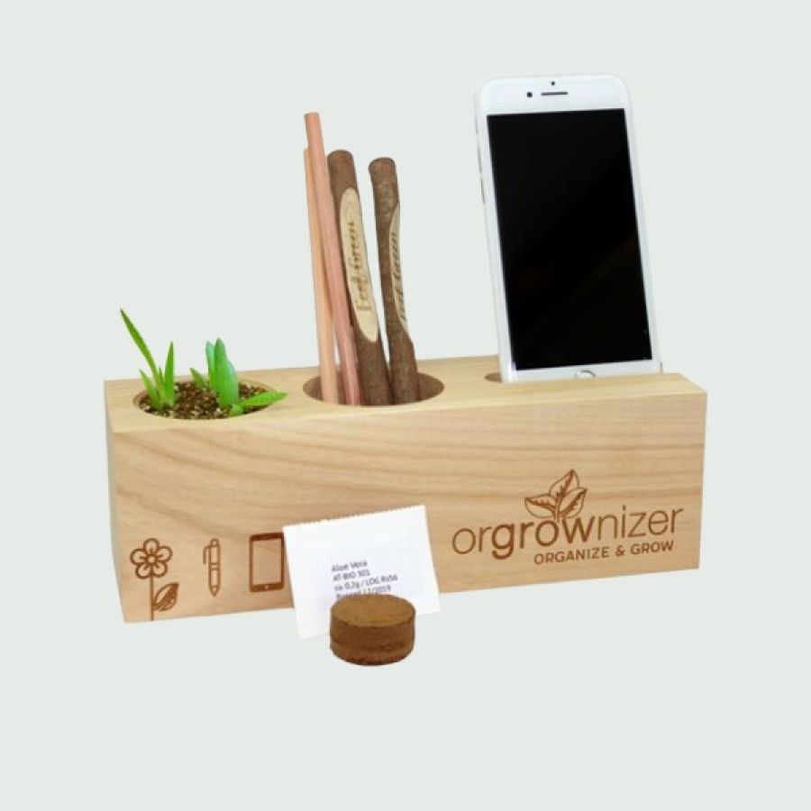 organizer per scrivania con vaso di piantine, portabiro, portacellulare