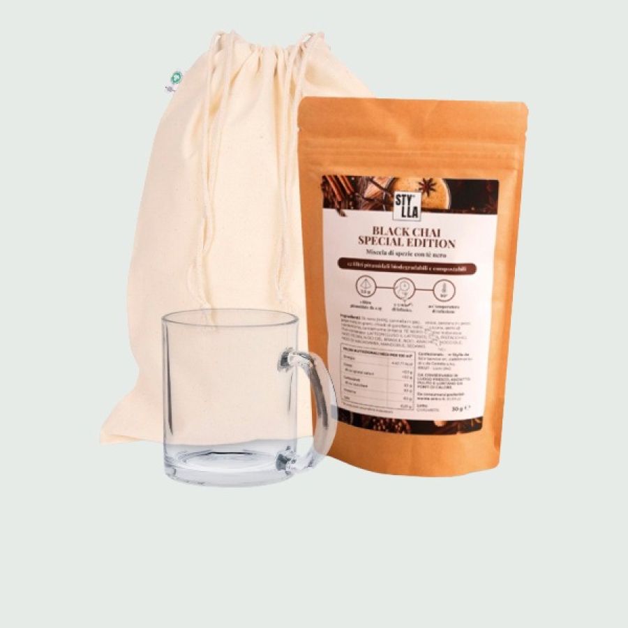regalo aziendale set pausa relax: sacchetto in cotone, the/tisana, tazza in vetro 